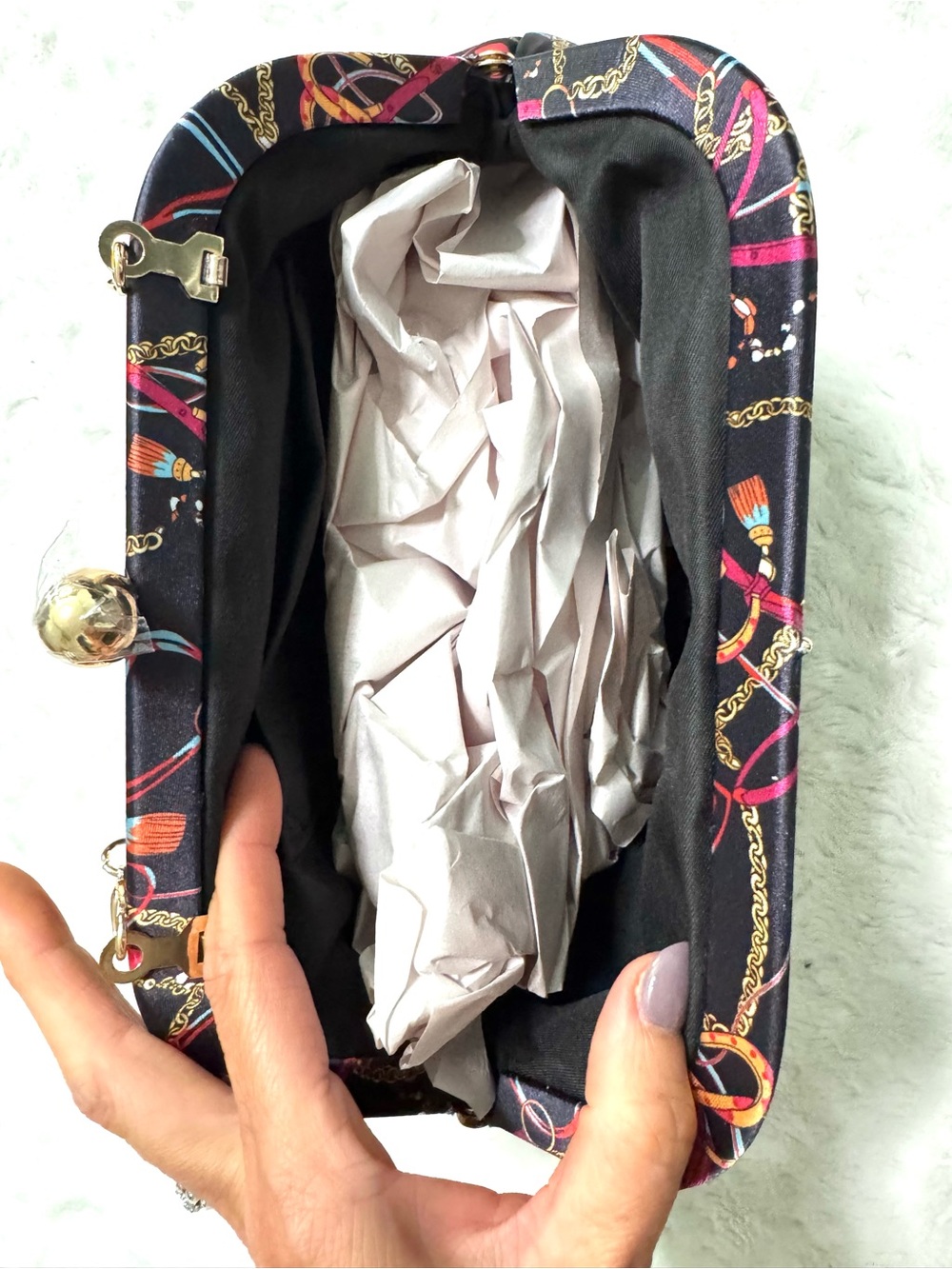 NWT- Alessia Bianchi equestrian chain print satin clutch purse - Picture 11 of 16